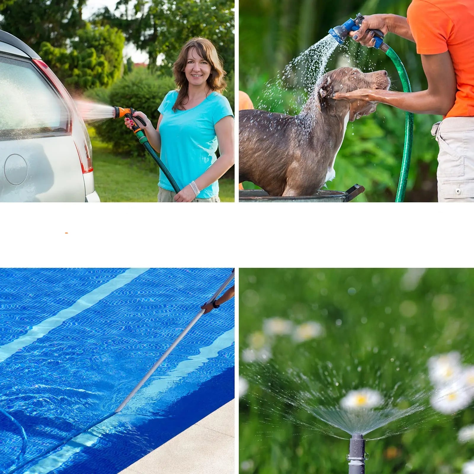 Système d'arrosage automatique jardin avec tuyau, utilisé pour laver voiture et chien, et arroser des fleurs