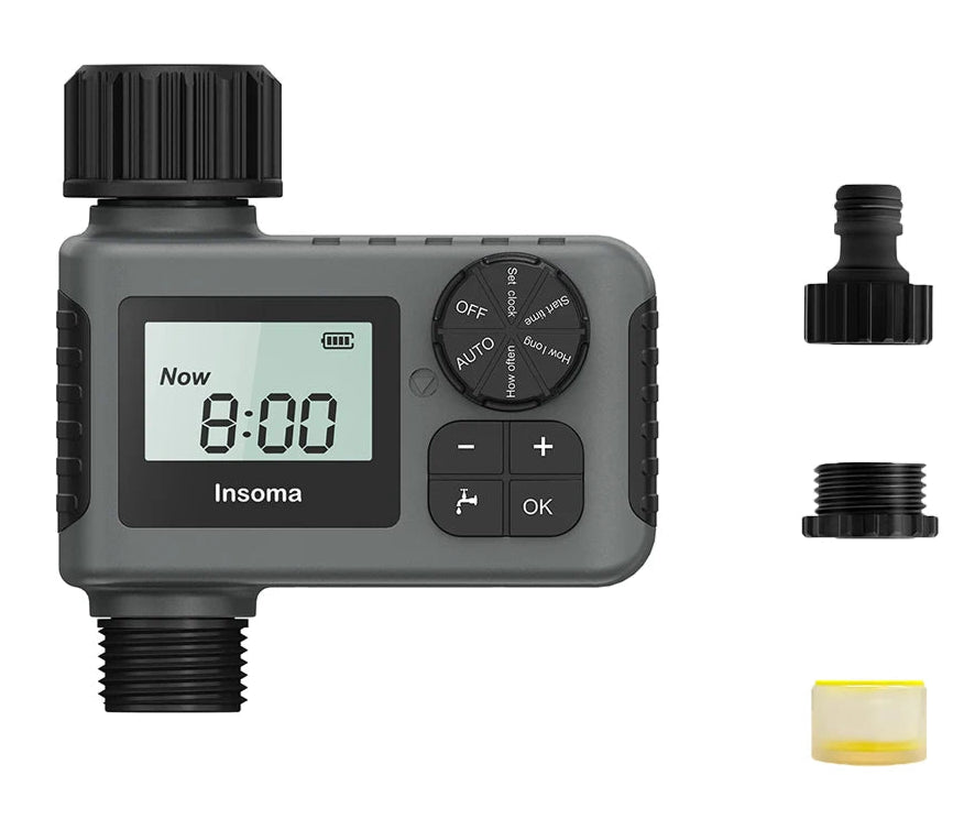 Minuterie d'arrosage automatique Insoma pour jardin, écran LCD affichant l'heure et options de programmation faciles à utiliser