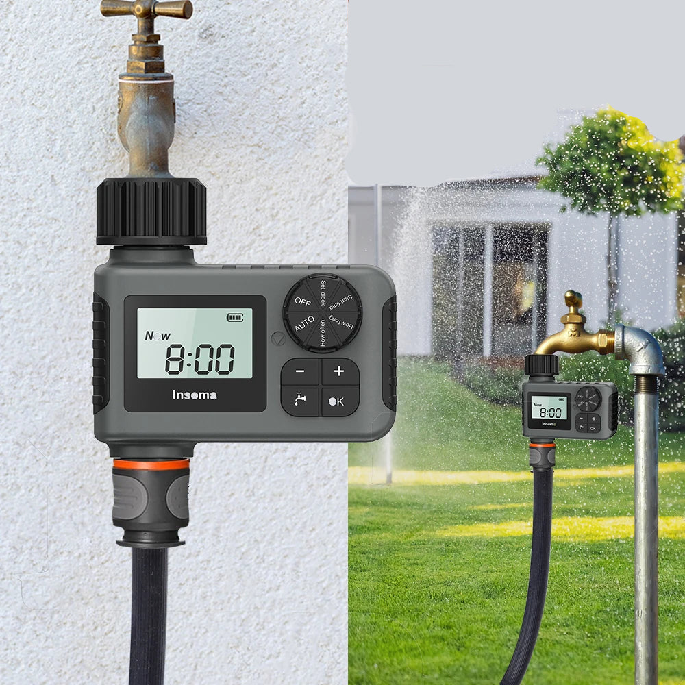Minuterie d'arrosage automatique Insoma, combinant un écran numérique et une programmation facile pour un arrosage automatique jardin efficace.