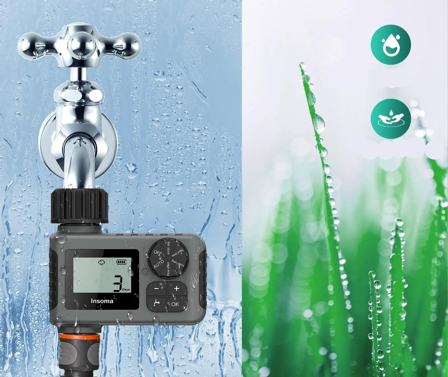 Minuterie Insoma pour arrosage automatique jardin, installée sur un robinet, avec affichage numérique et gouttes d'eau.