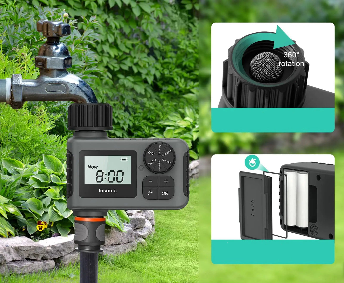 Minuterie Insoma pour arrosage automatique jardin avec affichage numérique et rotation à 360 degrés