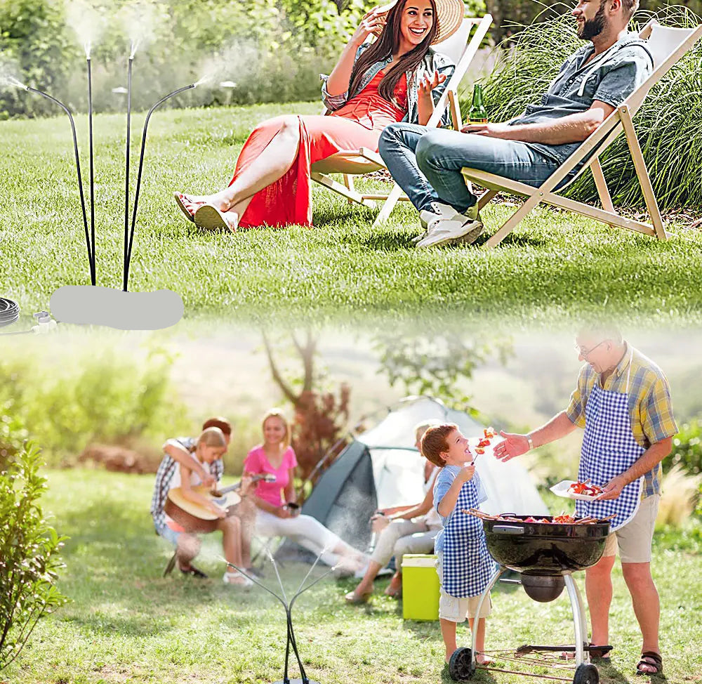 Brumisateur terrasse sur pied Brum4Y en action, créant un brumisateur rafraîchissant pour profiter des moments en plein air
