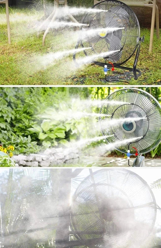 Brumisateur de terrasse BRUFRESH en fonctionnement, diffusant un brouillard rafraîchissant pour un confort optimal en extérieur