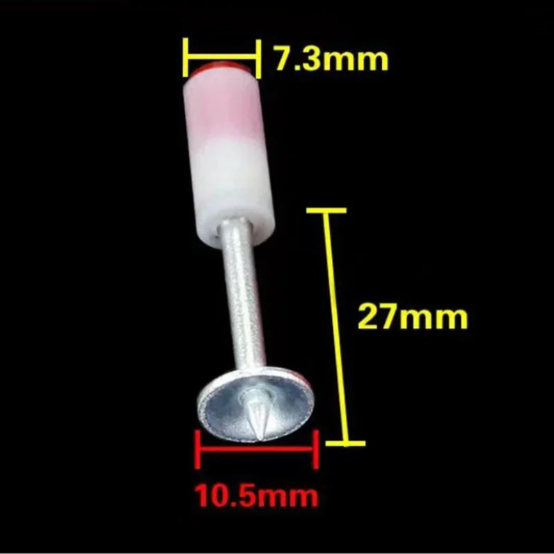 Clous aciers jardin avec tête en plastique rose, dimensions 10.5mm, 7.3mm et 27mm, idéaux pour les travaux de jardinage