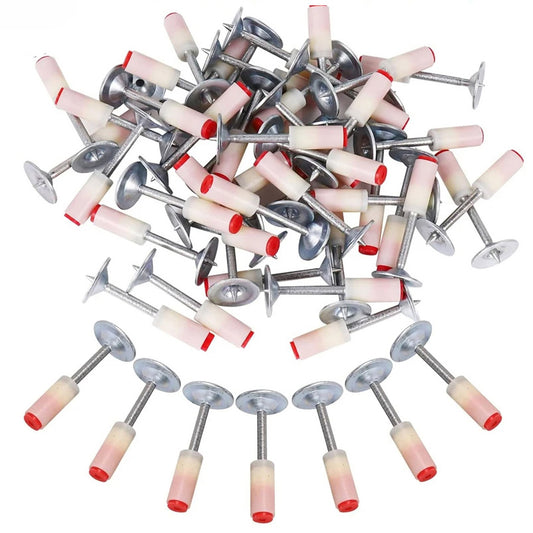 Lot de clous aciers jardin avec têtes blanches et rouges, idéal pour fixer différents éléments de jardinage.