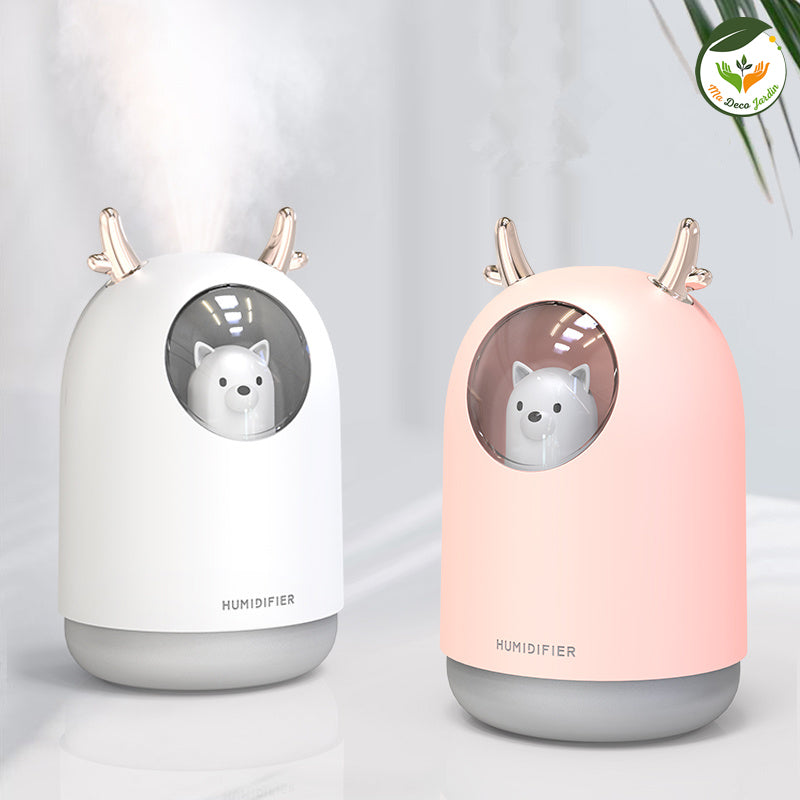 Diffuseur d'huiles essentielles design en forme d'animal, disponible en blanc et rose, parfait pour créer une ambiance apaisante.