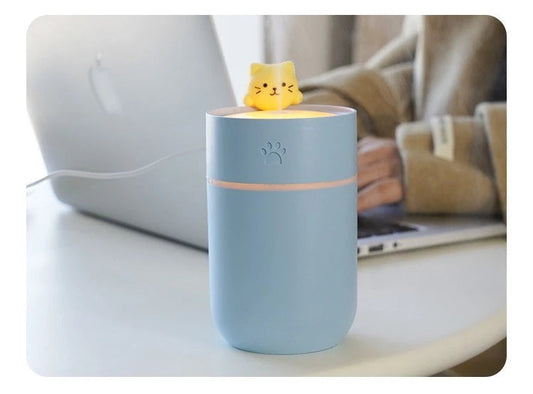 Diffuseur d'huiles essentielles HUMIdifer™ bleu avec un couvercle en forme de chat, idéal pour purifiez l'air