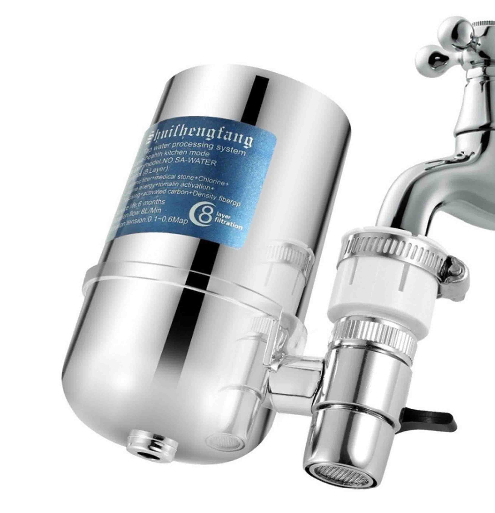 Filtre eau robinet alcalin en acier inoxydable avec étiquette, conçu pour fournir une eau saine et pure à domicile