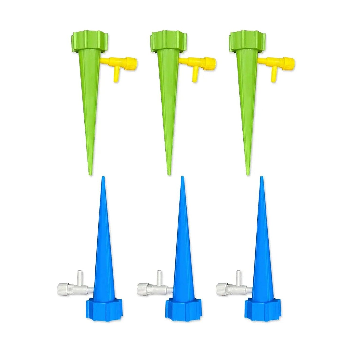 Distributeurs d'eau pour plantes automatiques en vert et bleu, parfaits pour un arrosage goutte à goutte automatique jardin.