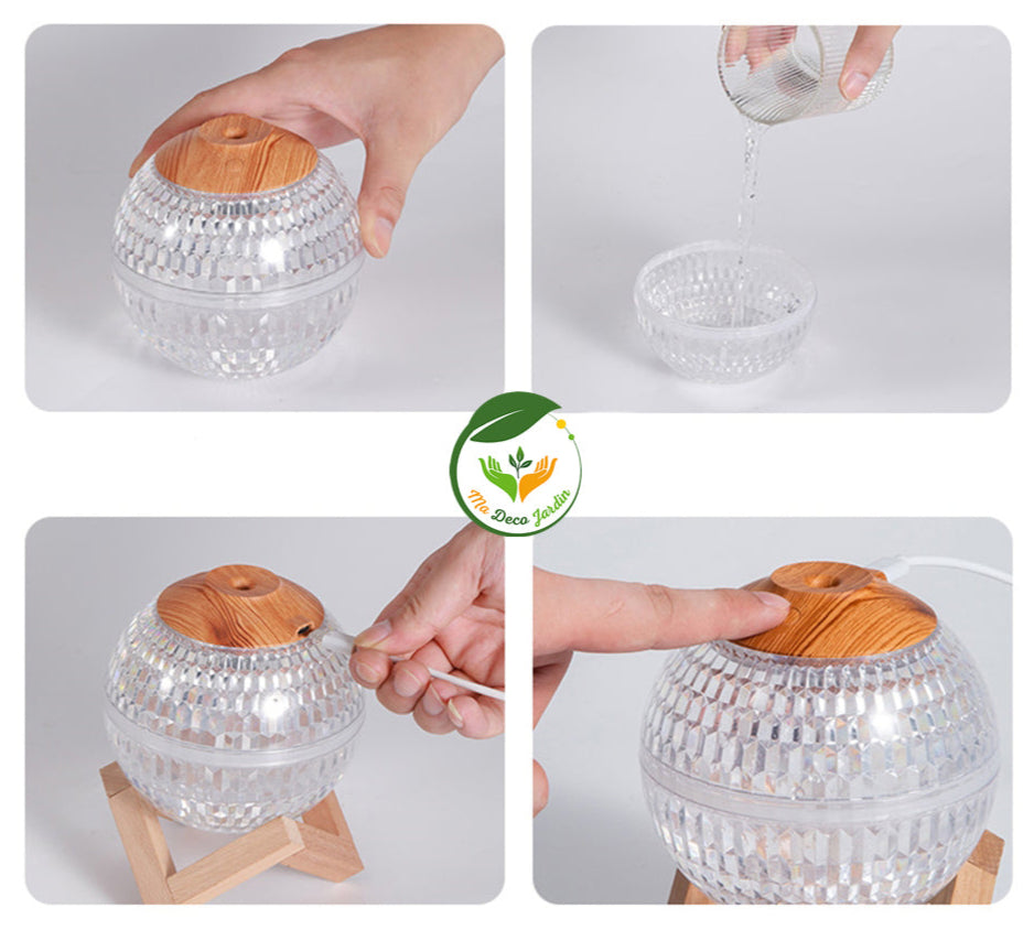 Humidificateur d'air design moderne avec réservoir en cristal et couvercle en bois, idéal pour un intérieur stylé et agréable