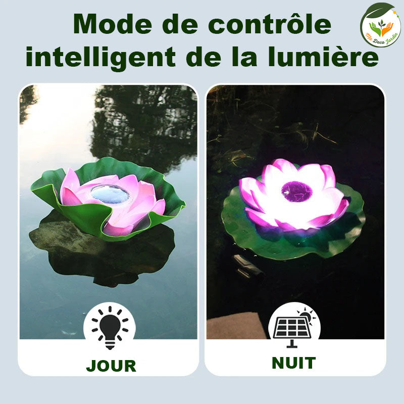 Lampe LED piscine lotus flottante avec pétales roses et verts, en mode jour et nuit, pour éclairer votre espace aquatique