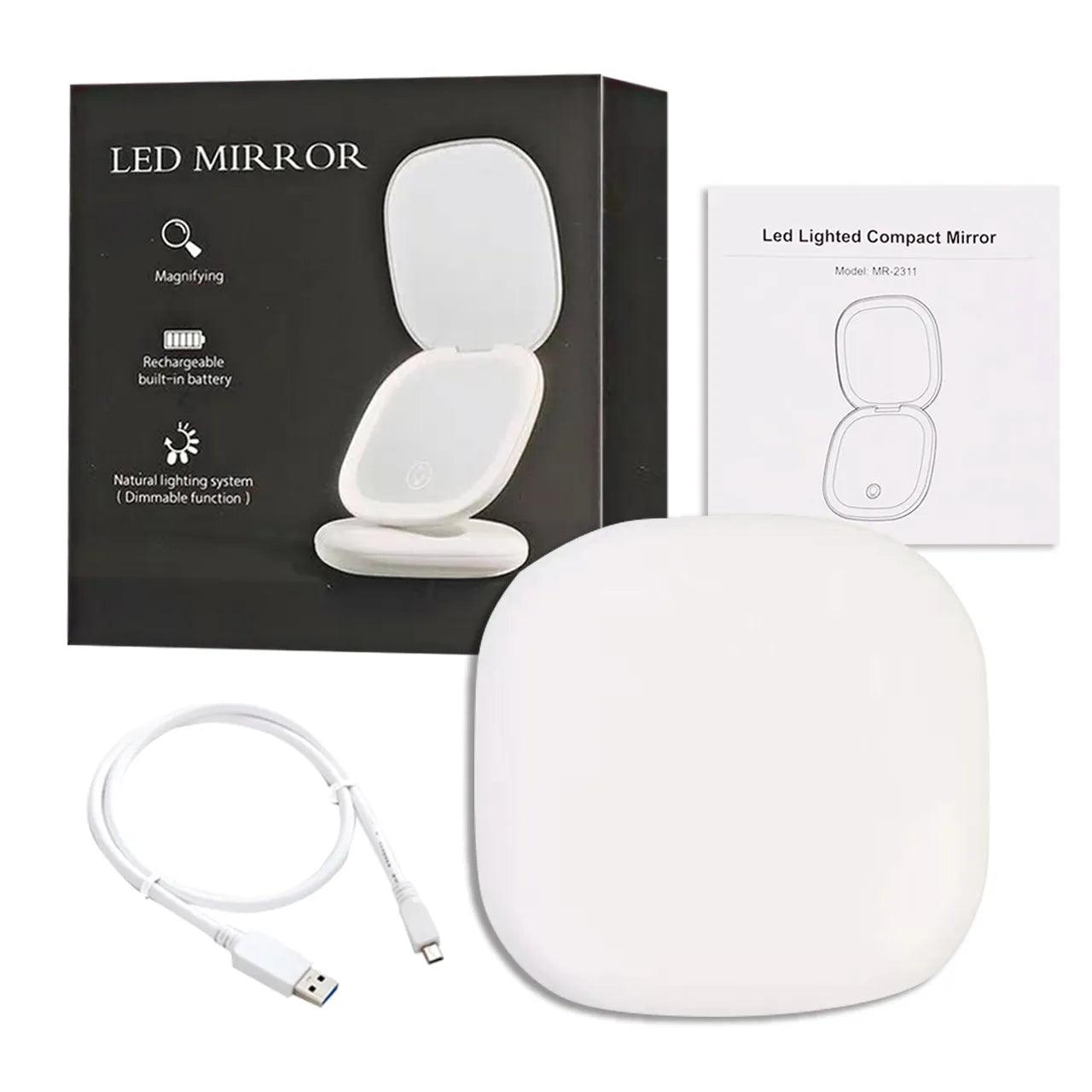 Miroir LED compact avec fonction de grossissement, batterie rechargeable et design élégant, idéal pour un usage quotidien