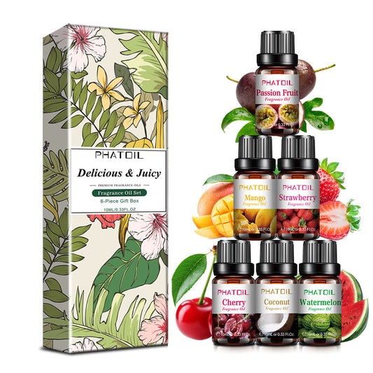 Huiles essentielles pour diffuseurs en boîte avec six flacons au parfum.