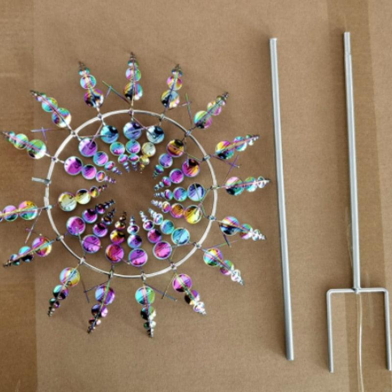 Moulin à vent jardin décoratif en acier inoxydable avec motifs colorés et accessoires pour jardinage