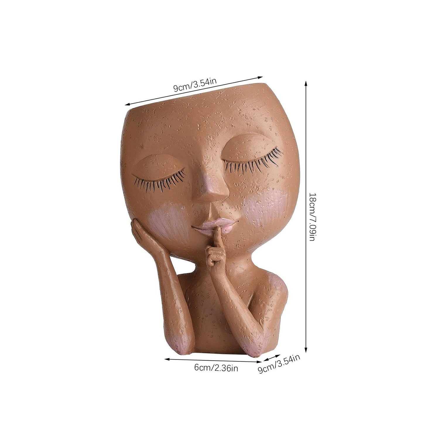 Pot de fleurs visage femme en terre cuite, design artistique avec une expression calme et dimensions de 18 cm de hauteur