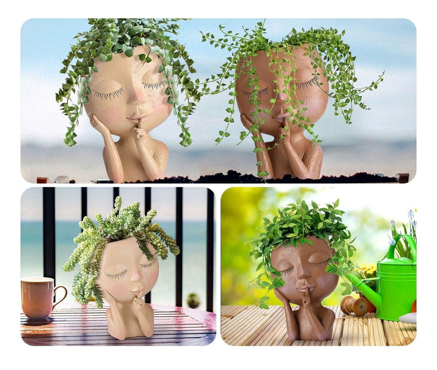 Pot de fleurs visage femme original en terre cuite, décoré de plantes vertes luxuriantes et moderne pour embellir votre jardin.