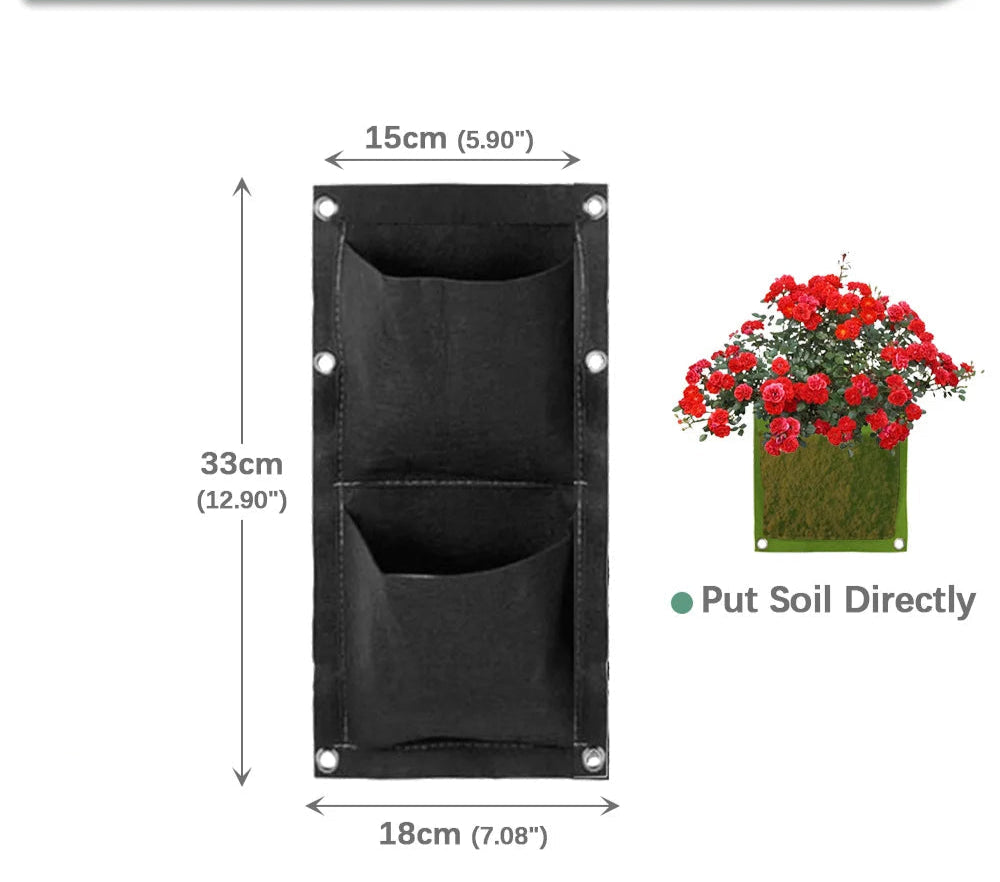 Sac de culture vertical noir avec deux poches, idéal pour planter des fleurs et optimiser l'espace en jardinage urbain