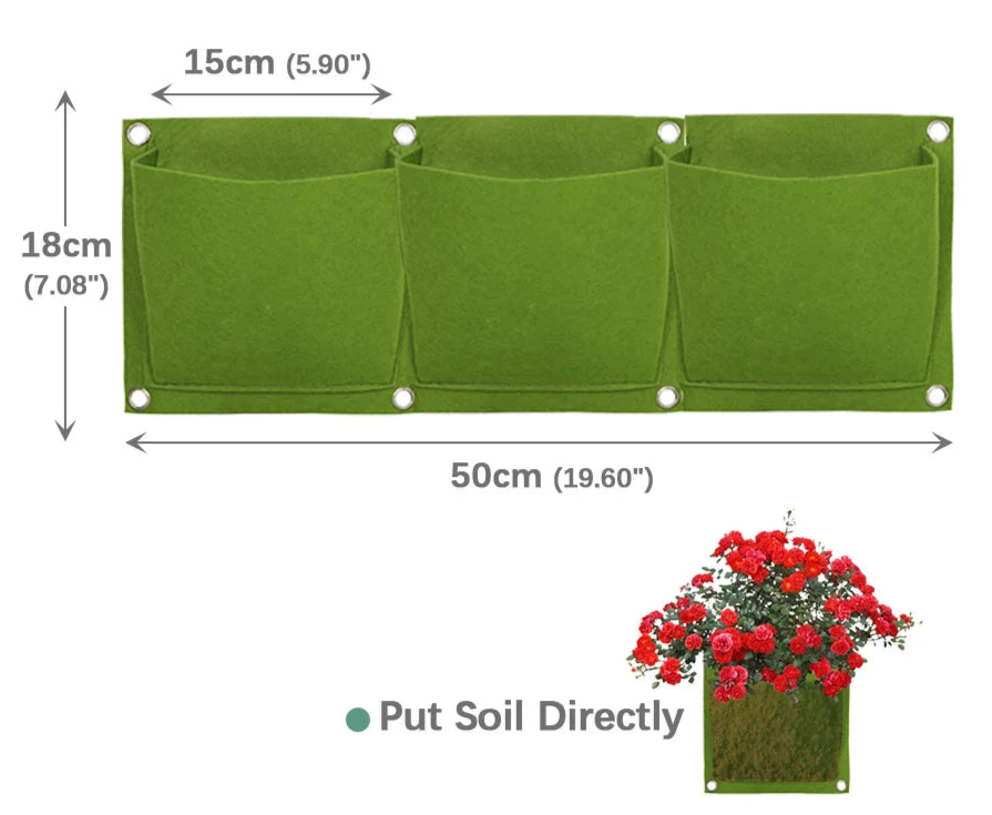 Sac de culture vertical vert avec trois poches pour planter des fleurs ou des herbes, dimensions de 50 cm de large