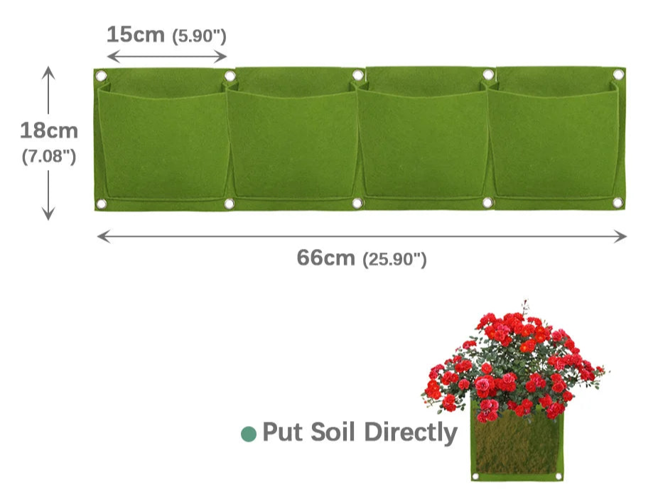 Sac de culture vertical vert avec quatre poches, idéal pour cultiver des plantes sur un espace vertical