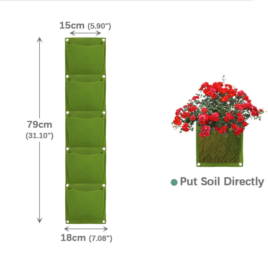 Sac de culture vertical vert de 79 cm avec cinq poches pour plantes, idéal pour un jardinage compact et vertical