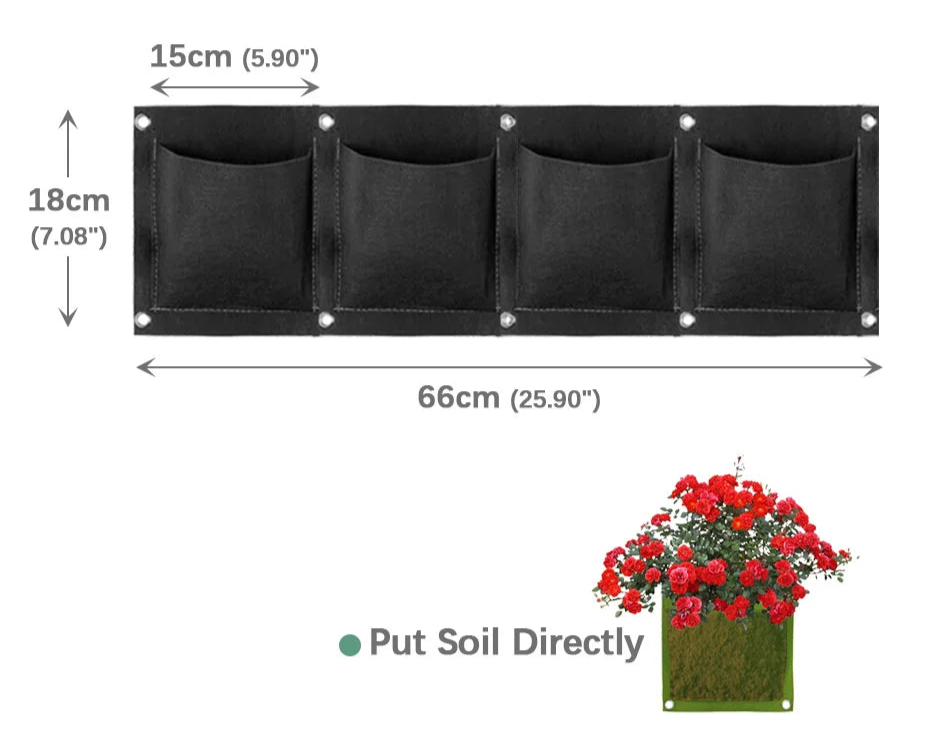 Sac de culture vertical noir avec quatre poches, idéal pour le jardinage urbain avec un design pratique.