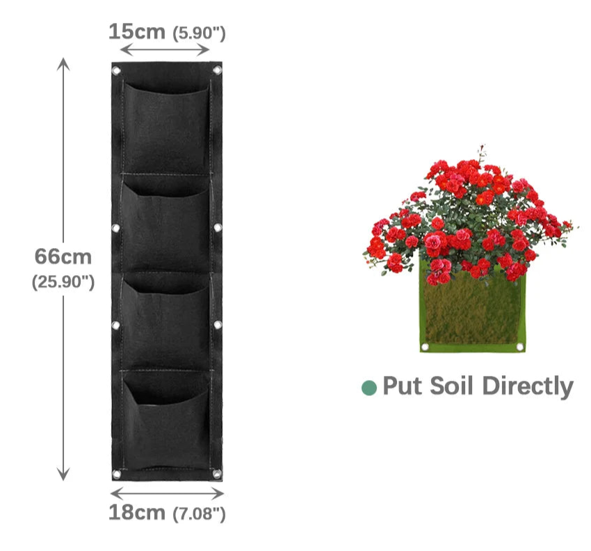 Sac de culture vertical noir mesurant 66 cm avec plusieurs poches pour jardinage vertical, idéal pour les petites espaces.