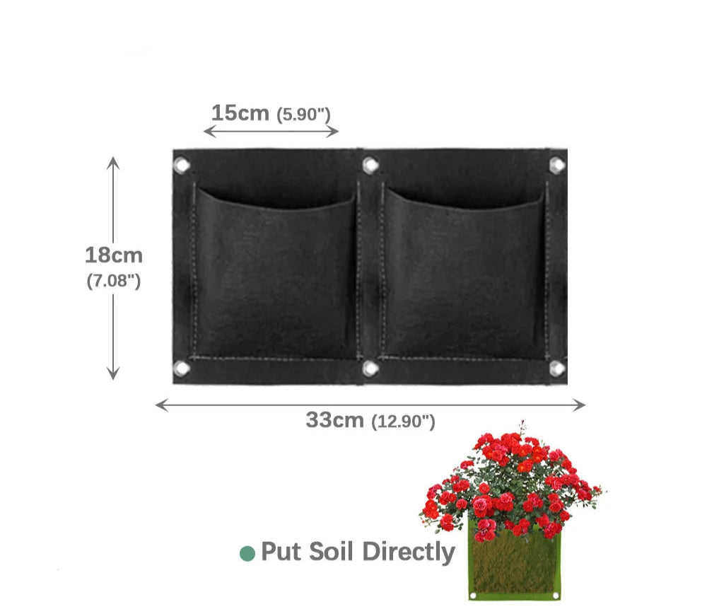 Sac de culture vertical en tissu noir avec deux poches pour plantation, idéal pour un jardinage vertical pratique