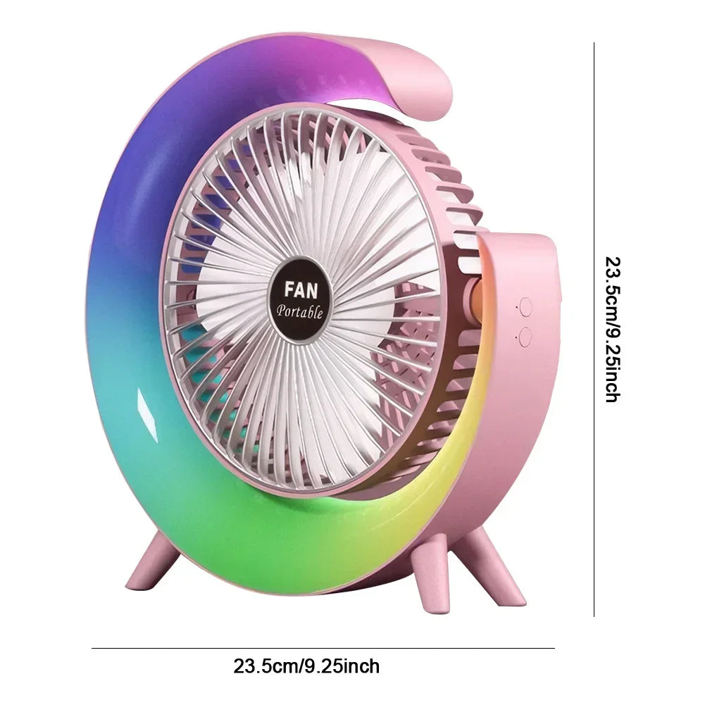 Ventilateur portable FUN-Portable avec design arc-en-ciel et diamètre de 23,5 cm, idéal pour un rafraîchissement nomade.