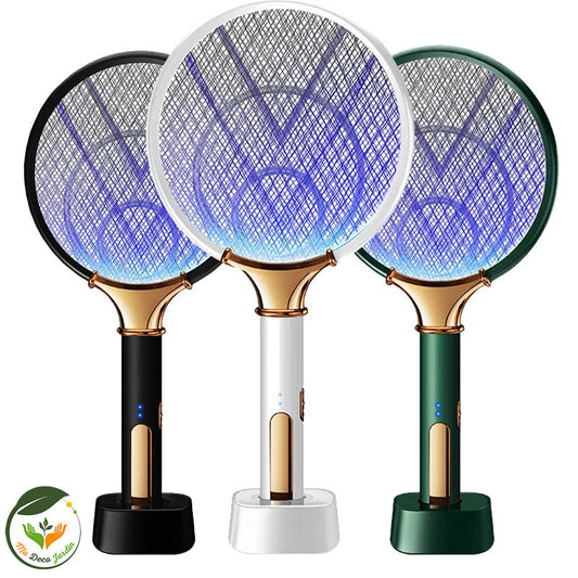 Raquette anti moustiques RAQ-LED en noir, blanc et vert avec design élégant et éclairage LED pour un contrôle efficace des insectes