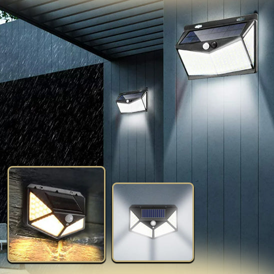 Applique murale LED solaire de 100 LED, idéale pour éclairer jardins et terrasses, résistante aux intempéries.