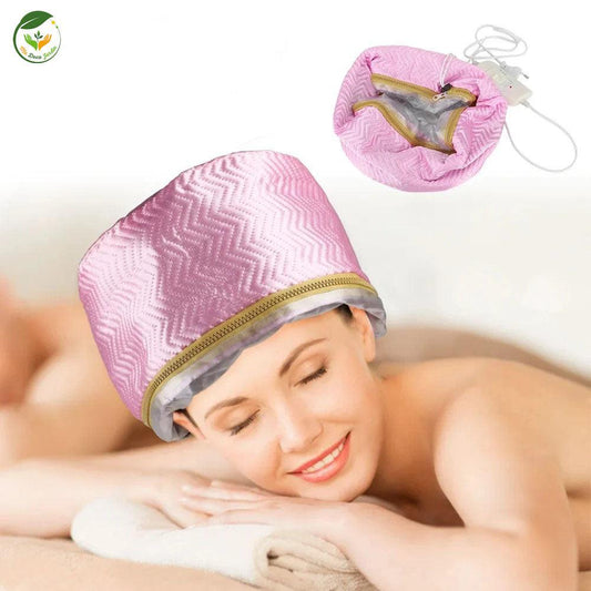 Bonnet chauffant pour cheveux en rose avec cordon électrique, idéal pour des soins capillaires à domicile