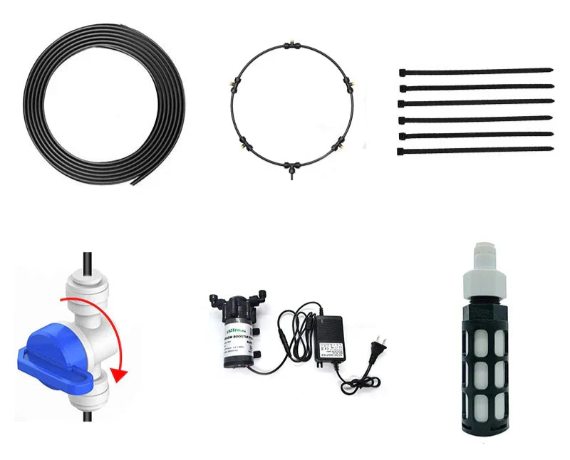 Brumisateur de terrasse BRUFRESH avec accessoires complets, idéal pour un confort optimal sur votre jardin