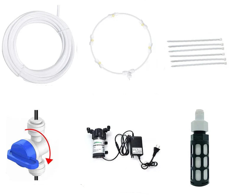 Brumisateur de terrasse BRUFRESH avec tuyau d'eau, ventilateur à brume et accessoires pour un confort optimal en extérieur