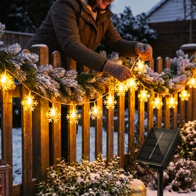 Guirlande lumineuse solaire flocons de neige 12m 100 LED – Blanc chaud ou froid 2 modes extérieur