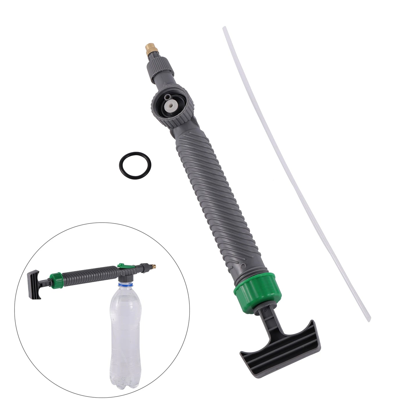 Pompe haute pression jardin en plastique gris avec embout vert, idéale pour arroser efficacement les plantes