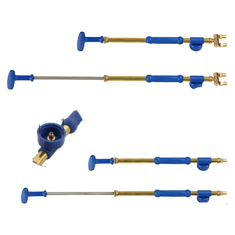 Pompe haute pression jardin avec tuyaux en laiton doré et poignées en plastique bleu pour un nettoyage efficace