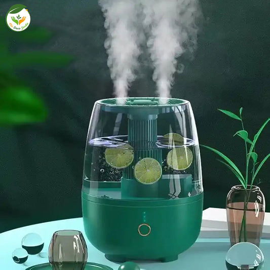 Humidificateur silencieux pour chambre à ultrasons avec design moderne, diffuseur de vapeur et éléments décoratifs.