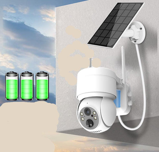 Camera solaire pour jardin avec panneau solaire et batterie, idéale pour la surveillance extérieure sans fil.