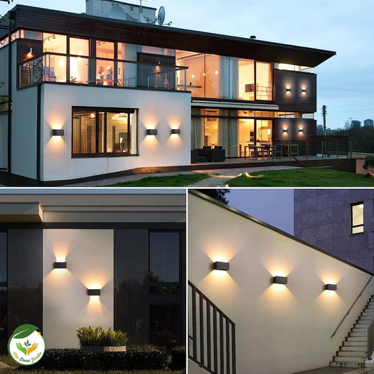 Lampes LED design modernes éclairant l'extérieur d'une maison contemporaine, créant une ambiance élégante et chaleureuse