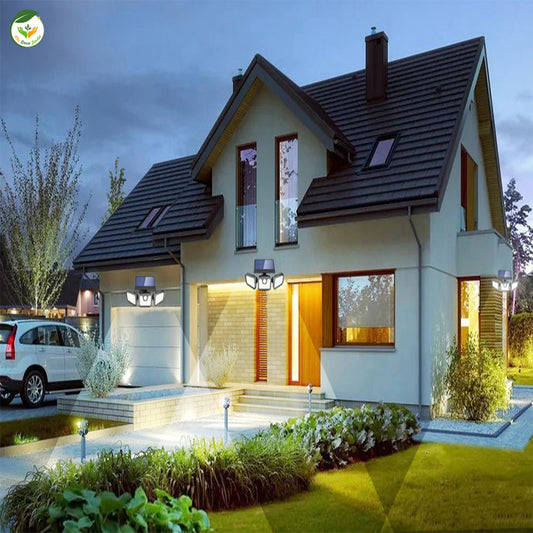 Lampes de jardin design modernes illuminant une maison contemporaine, mettant en valeur l'extérieur élégant.