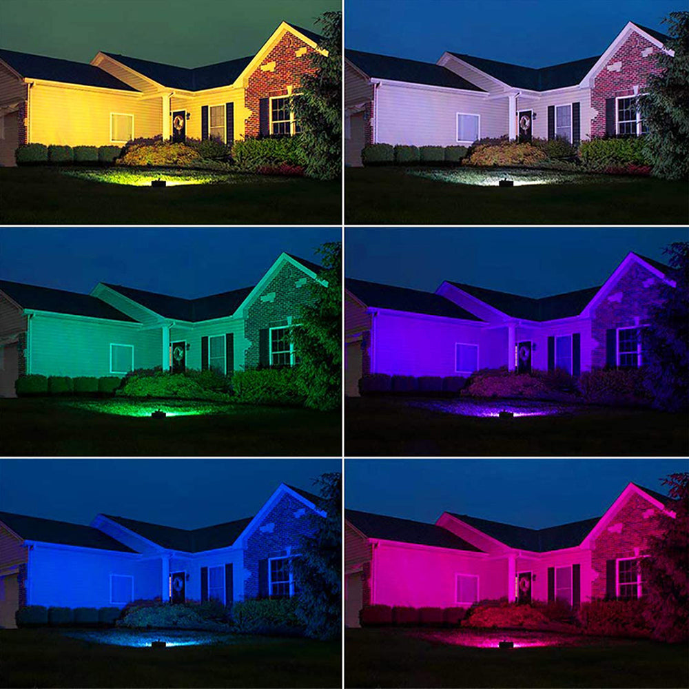 Projecteur LED extérieur RGB éclaire la maison avec différentes couleurs, idéal pour l'éclairage décoratif