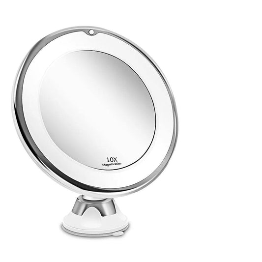 Miroir LED lumineux avec grossissement 10x et base flexible pour un éclairage optimal lors de l'utilisation