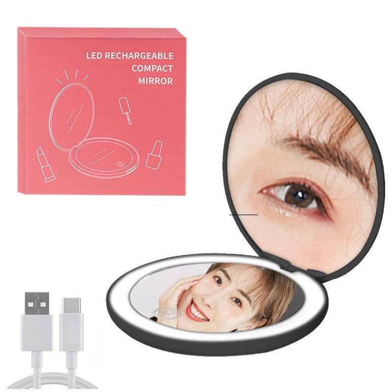 Miroir LED avec grossissement, miroir compact rechargeable avec éclairage LED parfait pour le maquillage et les retouches