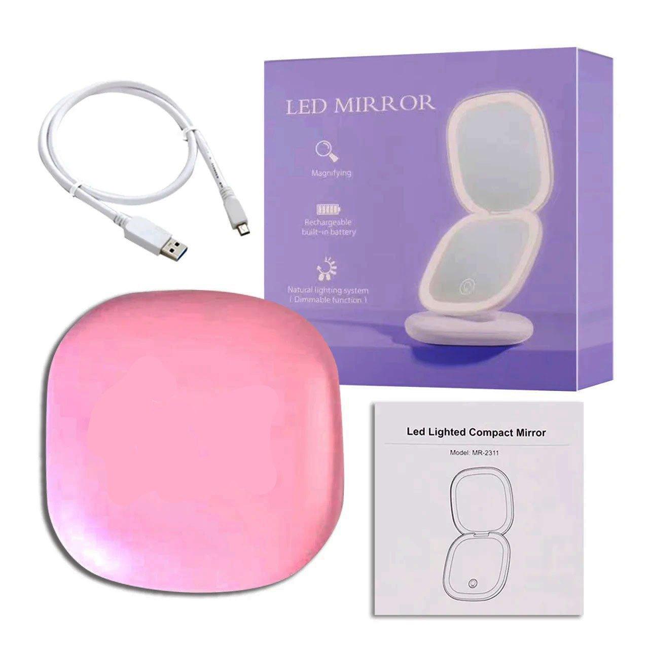 Miroir LED avec grossissement 10X, design compact rose avec éclairage naturel, câble USB inclus pour recharge