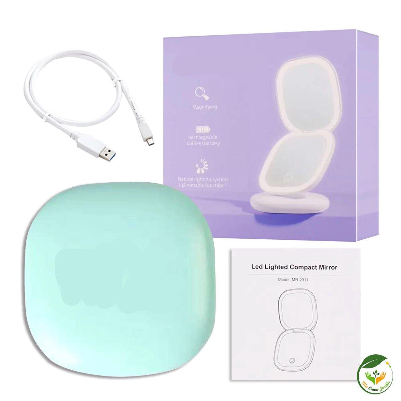 Miroir LED avec grossissement 10X, éclairage naturel, design compact et câble USB inclus pour une utilisation pratique