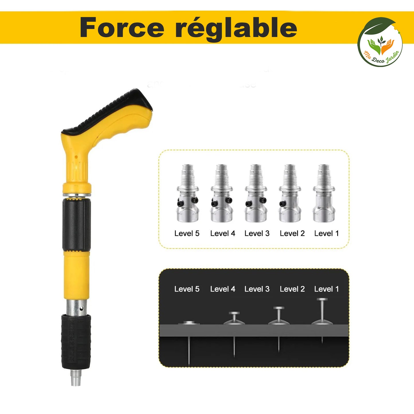 Cloueuse professionnelle pour jardin avec poignée ergonomique et niveaux de réglage de force pour clouer facilement et efficacement