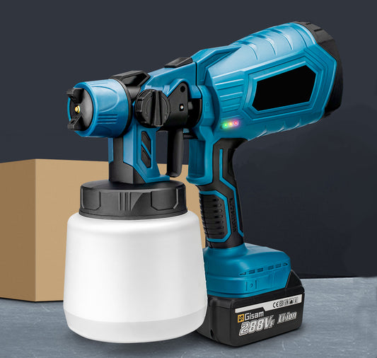 Pistolet peinture sans fil moderne avec réservoir blanc, idéal pour des applications de peinture précises et faciles