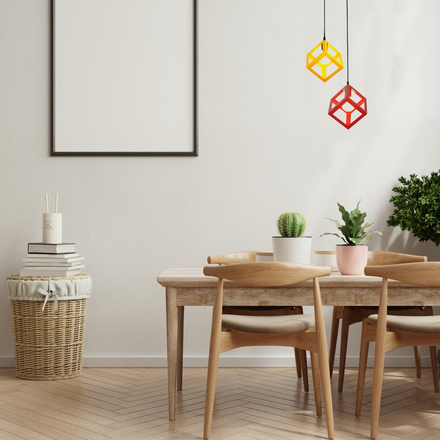 Plafonnier LED cuisine moderne en forme de cube, ajoutant une touche colorée avec des suspensions jaune et rouge dans une cuisine élégante.