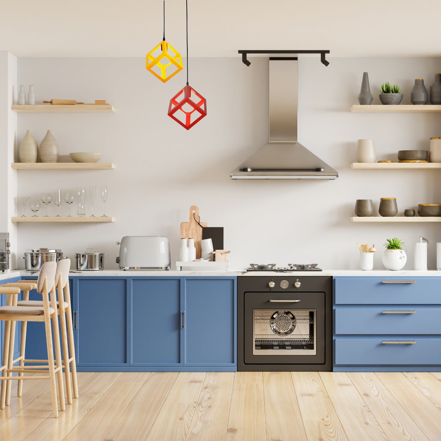 Plafonnier LED cuisine moderne en cube, ajoutant une touche élégante à une cuisine design avec des éléments colorés.