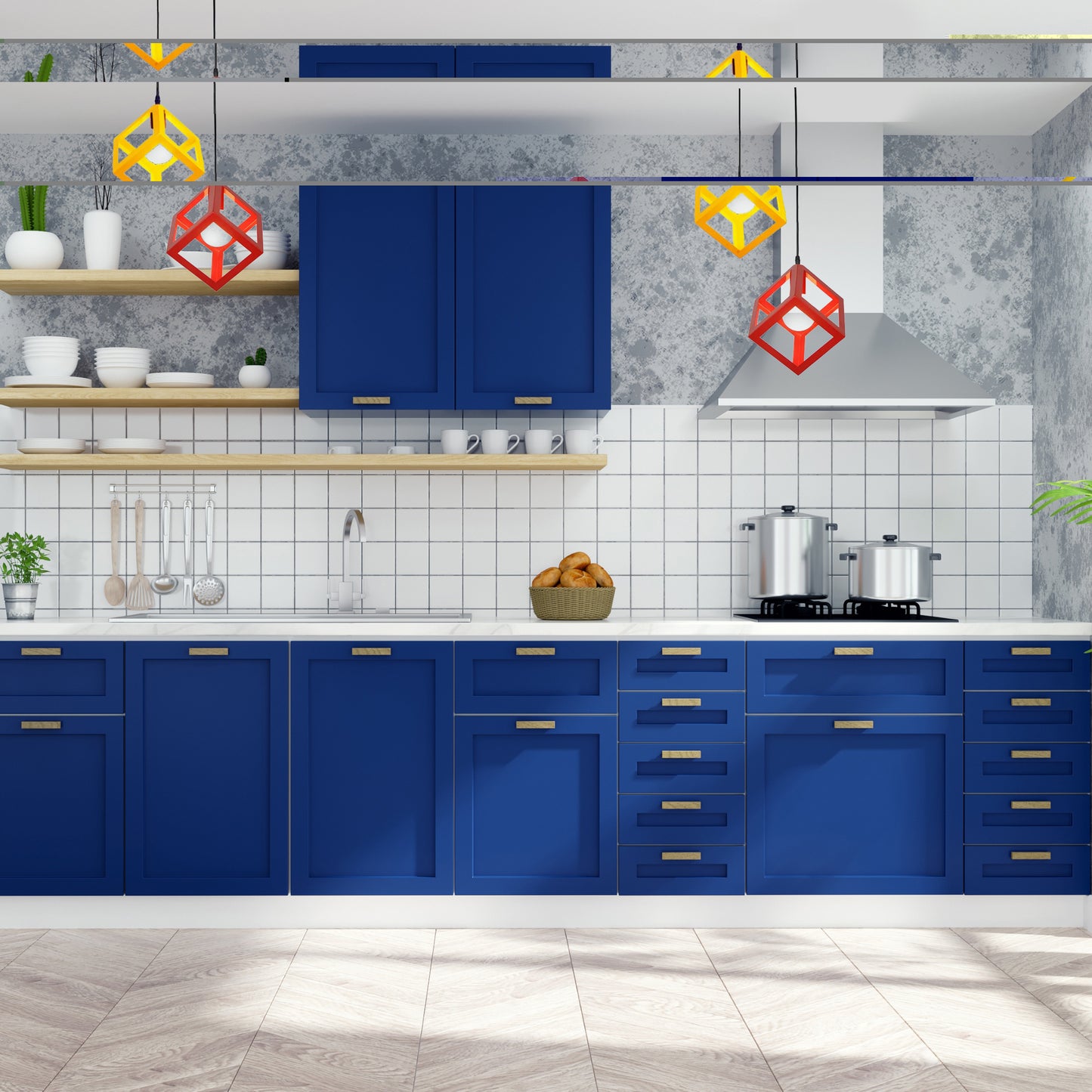 Plafonnier LED design moderne en cube suspendu au-dessus d'une cuisine bleue, idéale pour un plafonnier LED cuisine moderne